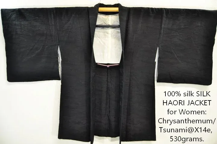 High Quality Japanese 100% Silk Haori Jacket Hand-Made Chrysanthemum Tsunami Black