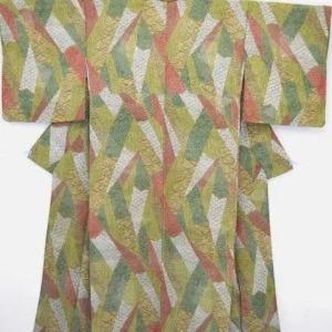 100% Silk Wedding Kimono Unique Abstract Tsunami Wave Green Eathy Red