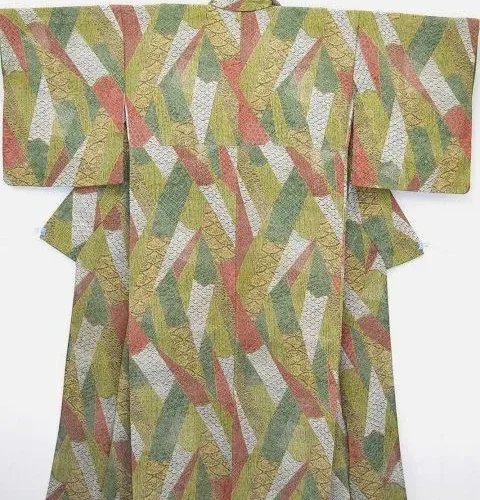 F23aDSC_0510 100% Silk Wedding Kimono Unique Abstract Tsunami Wave Green Eathy Red