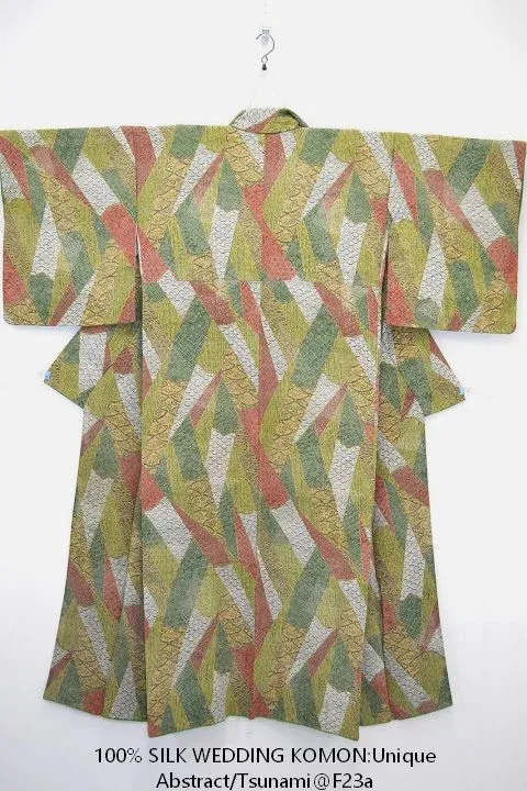 100% Silk Wedding Kimono Unique Abstract Tsunami Wave Green Eathy Red