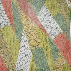 100% Silk Wedding Kimono Unique Abstract Tsunami Wave Green Eathy Red