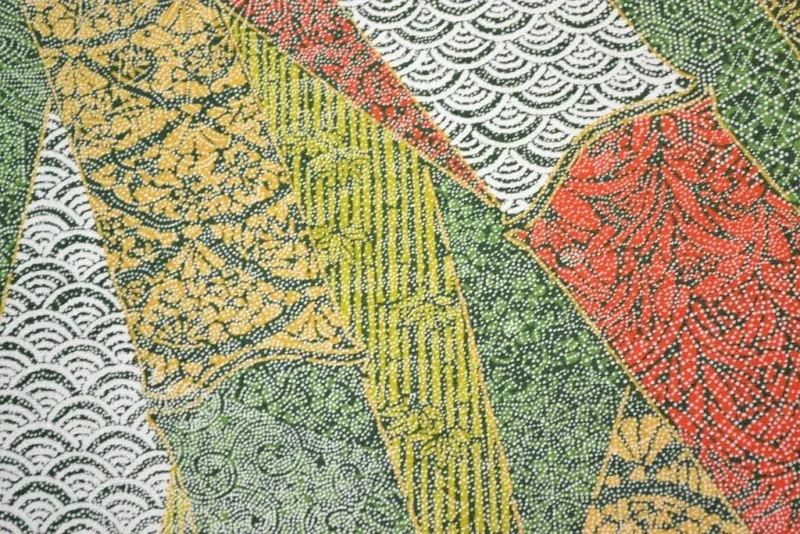 100% Silk Wedding Kimono Unique Abstract Tsunami Wave Green Eathy Red