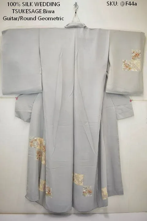 F44aDSC_0775 100% Silk Kimono Wedding TSUKESAGE Biwa Guitar Music Flower Geometric