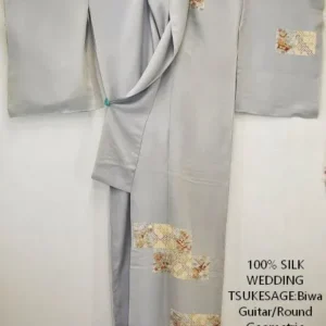 F44aDSC_0779 100% Silk Kimono Wedding TSUKESAGE Biwa Guitar Music Flower Geometric