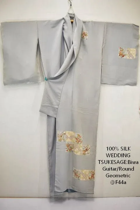 F44aDSC_0779 100% Silk Kimono Wedding TSUKESAGE Biwa Guitar Music Flower Geometric