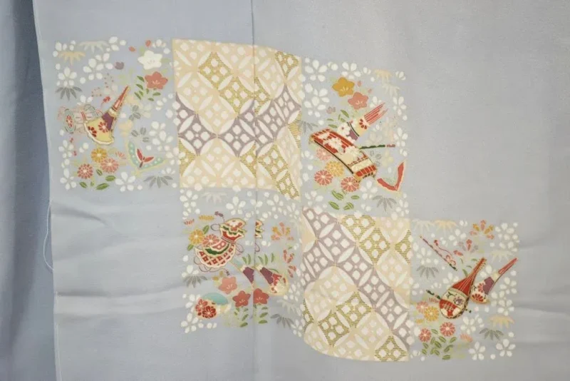F44aDSC_0781 100% Silk Kimono Wedding TSUKESAGE Biwa Guitar Music Flower Geometric
