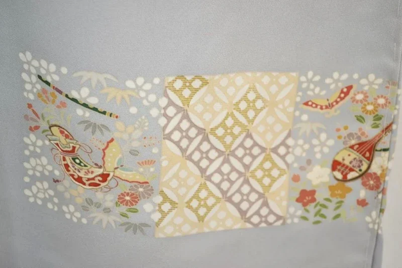 F44aDSC_0782 100% Silk Kimono Wedding TSUKESAGE Biwa Guitar Music Flower Geometric