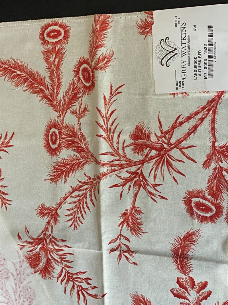IMG_0720 By Yd Scalamandre Grey Watkins Languedoc Autumn Red Cream White Botanic Fern and Thistle Southern France Toile Circa 1790 MSRP USD 364/y