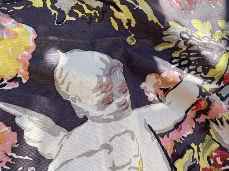 IMG_0971 13 Berkbox70 Scalamandre Cherubim with Arrow Design Biblical Abstract Pattern on Brown Hearst Castle 2yards 8" x 26.6 wide