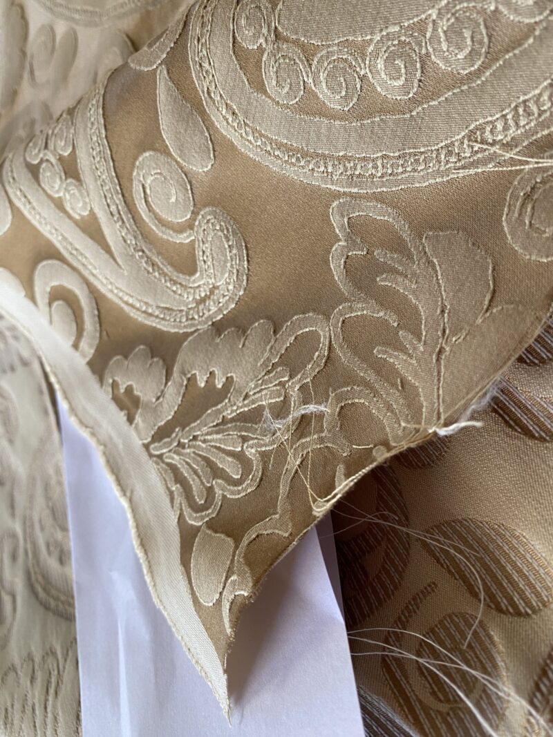IMG_1092 Bty Scalamandre Angelique Paisley Silk Damask Tan Gold MSRP USD 298Y