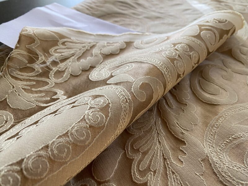 IMG_1093 Bty Scalamandre Angelique Paisley Silk Damask Tan Gold MSRP USD 298Y