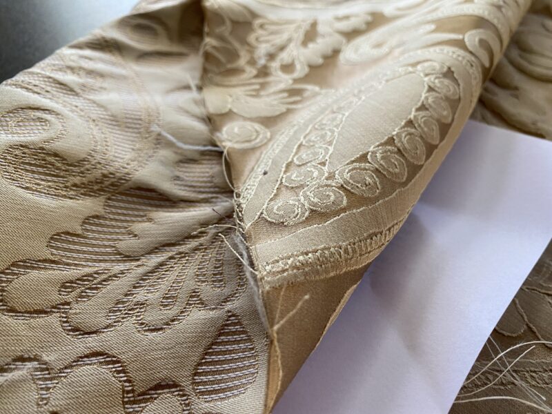 IMG_1094 Bty Scalamandre Angelique Paisley Silk Damask Tan Gold MSRP USD 298Y