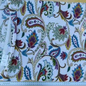 P1130530 Scalamandre Length 2.5Y Mitra Teal/Plum/Brick on White Crewel Wool on Cotton Embroidery MSRP USD 500+/y