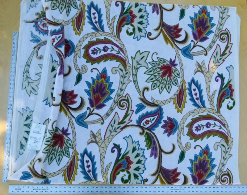 P1130530 Scalamandre Length 2.5Y Mitra Teal/Plum/Brick on White Crewel Wool on Cotton Embroidery MSRP USD 500+/y