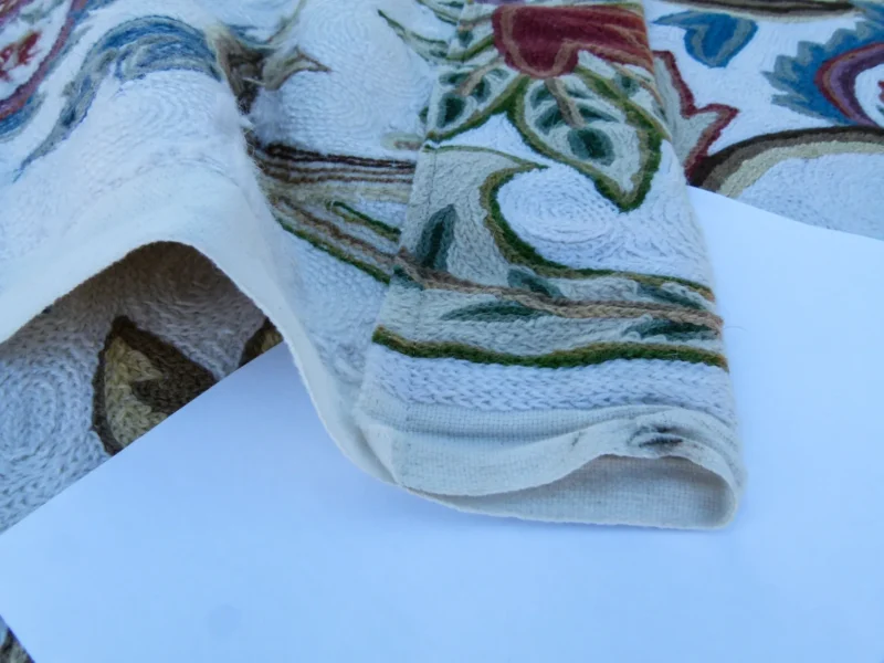 P1130532 Scalamandre Length 2.5Y Mitra Teal/Plum/Brick on White Crewel Wool on Cotton Embroidery MSRP USD 500+/y