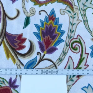 P1130535 Scalamandre Length 2.5Y Mitra Teal/Plum/Brick on White Crewel Wool on Cotton Embroidery MSRP USD 500+/y