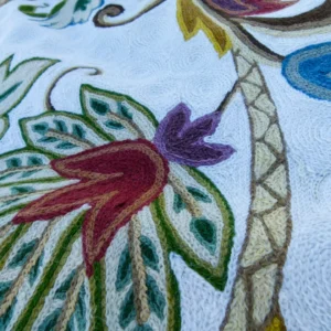 P1130536 Scalamandre Length 2.5Y Mitra Teal/Plum/Brick on White Crewel Wool on Cotton Embroidery MSRP USD 500+/y