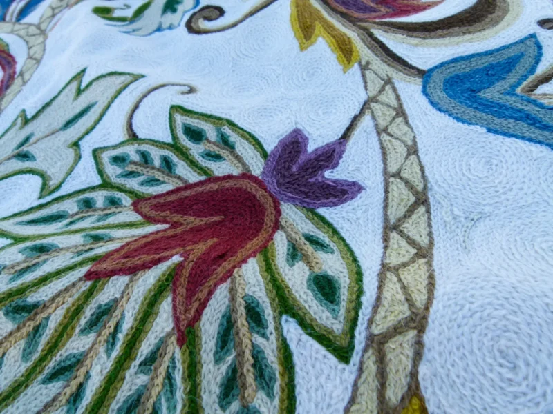 P1130536 Scalamandre Length 2.5Y Mitra Teal/Plum/Brick on White Crewel Wool on Cotton Embroidery MSRP USD 500+/y