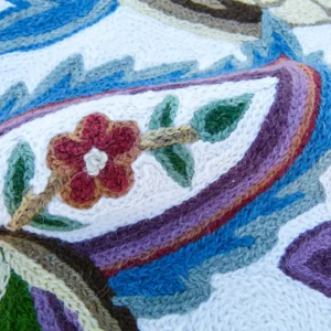 P1130539 Scalamandre Length 2.5Y Mitra Teal/Plum/Brick on White Crewel Wool on Cotton Embroidery MSRP USD 500+/y