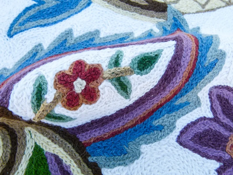 P1130539 Scalamandre Length 2.5Y Mitra Teal/Plum/Brick on White Crewel Wool on Cotton Embroidery MSRP USD 500+/y