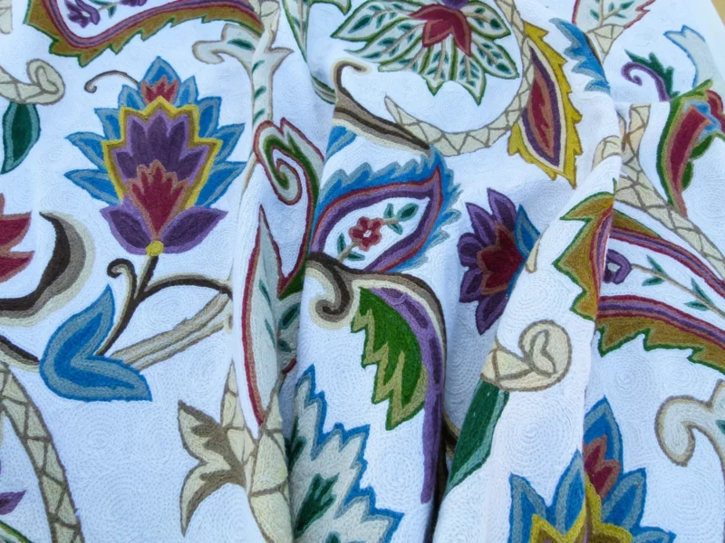 P1130541 Scalamandre Length 2.5Y Mitra Teal/Plum/Brick on White Crewel Wool on Cotton Embroidery MSRP USD 500+/y