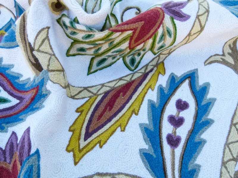 P1130542 Scalamandre Length 2.5Y Mitra Teal/Plum/Brick on White Crewel Wool on Cotton Embroidery MSRP USD 500+/y