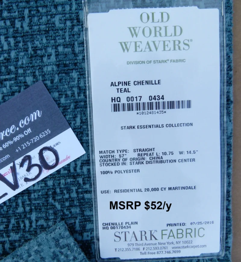 P1130775 label 10 EV30 Scalamandre Alpine Chenille Teal Blue Texture  Essential Chenilles Collection 27 x 27 inches MSRP USD52/y