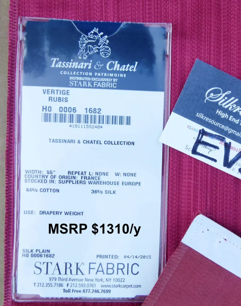 P1130820 label 28 EV30 Scalamandre Tassinari and Chatel Vertige Rubis Pink Strie Solid Square 24x27 inches MSRP USD1310/y