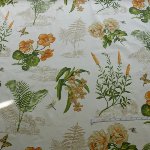P1320126 Thibaut Naples Mediterranean Nasturtium Rose Palm Tree Flowers Butterfly Dragonfly Bees Print Toile Cotton SATIN Orange