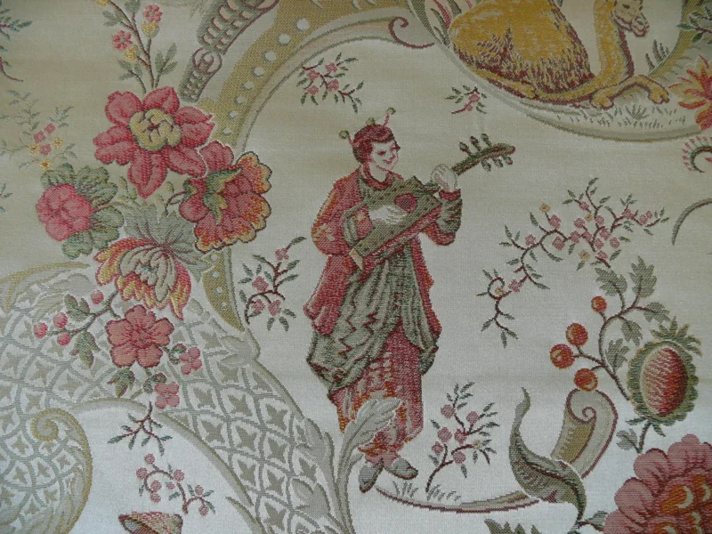 P1320284 Schumacher Chinoiserie Music Garden 100% Silk Lampas Toasted Gold Red "Sesame"