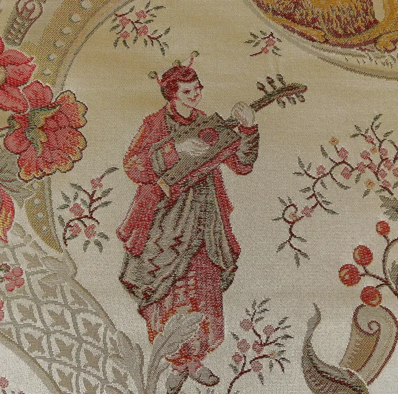 P1320284C Schumacher Chinoiserie Music Garden 100% Silk Lampas Toasted Gold Red "Sesame"