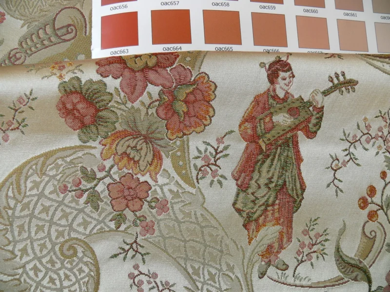 P1320291 Schumacher Chinoiserie Music Garden 100% Silk Lampas Toasted Gold Red "Sesame"