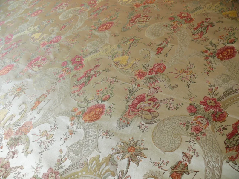 P1320293 Schumacher Chinoiserie Music Garden 100% Silk Lampas Toasted Gold Red "Sesame"