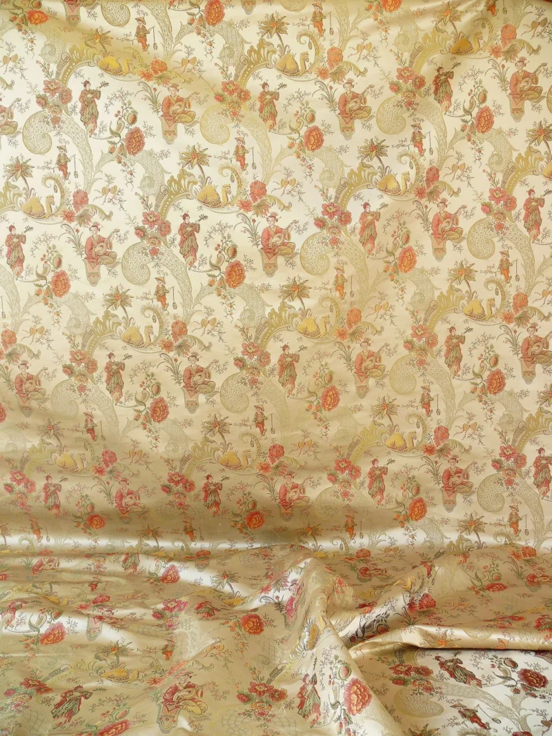 P1320294 Schumacher Chinoiserie Music Garden 100% Silk Lampas Toasted Gold Red "Sesame"