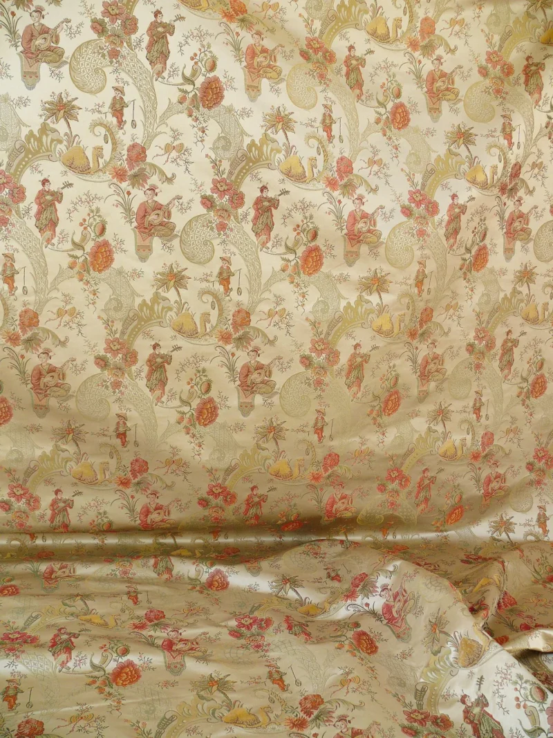 P1320295 Schumacher Chinoiserie Music Garden 100% Silk Lampas Toasted Gold Red "Sesame"