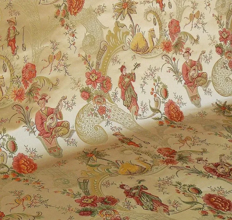 P1320296C Schumacher Chinoiserie Music Garden 100% Silk Lampas Toasted Gold Red "Sesame"