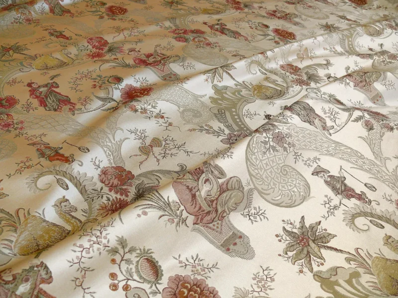 P1320297 Schumacher Chinoiserie Music Garden 100% Silk Lampas Toasted Gold Red "Sesame"