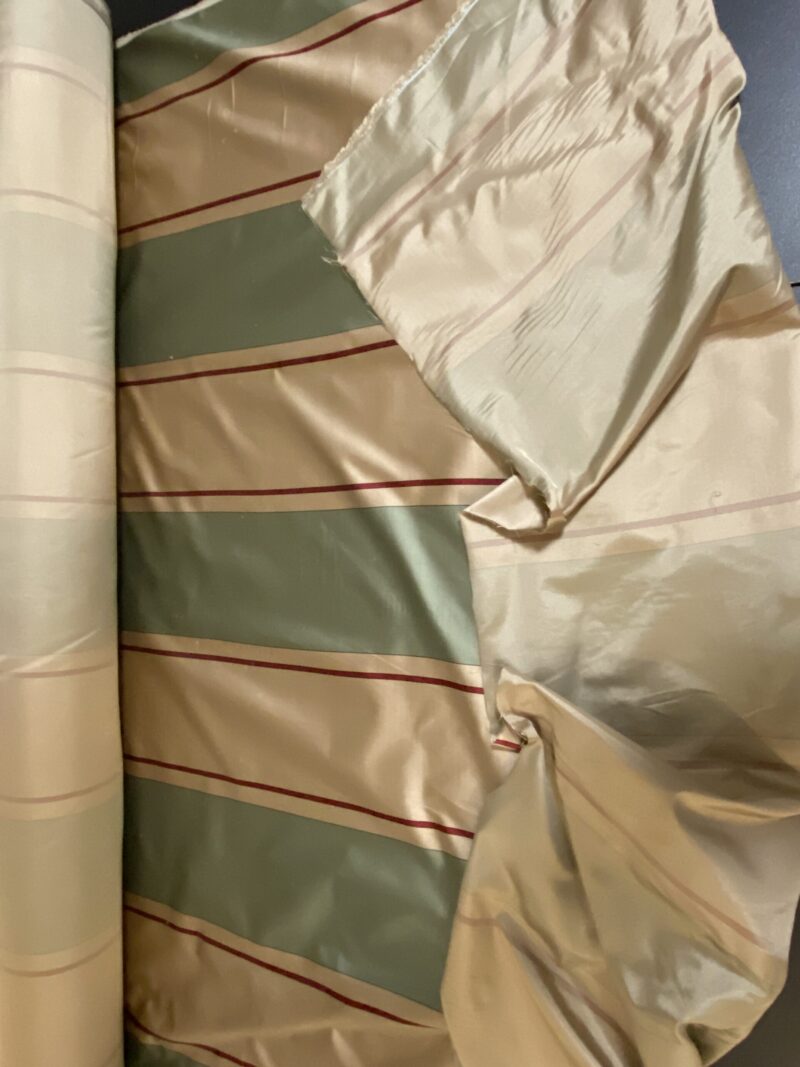 By Yd Scalamandre Caribu Stripe Green, Taupe, Red Silk Renaissance MSRP USD 200/Y