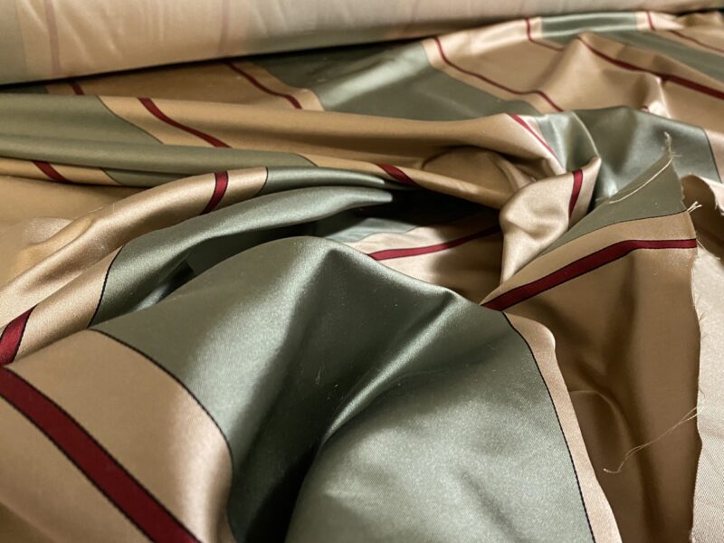 By Yd Scalamandre Caribu Stripe Green, Taupe, Red Silk Renaissance MSRP USD 200/Y