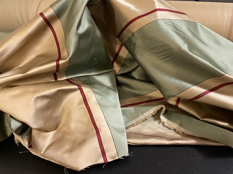 By Yd Scalamandre Caribu Stripe Green, Taupe, Red Silk Renaissance MSRP USD 200/Y