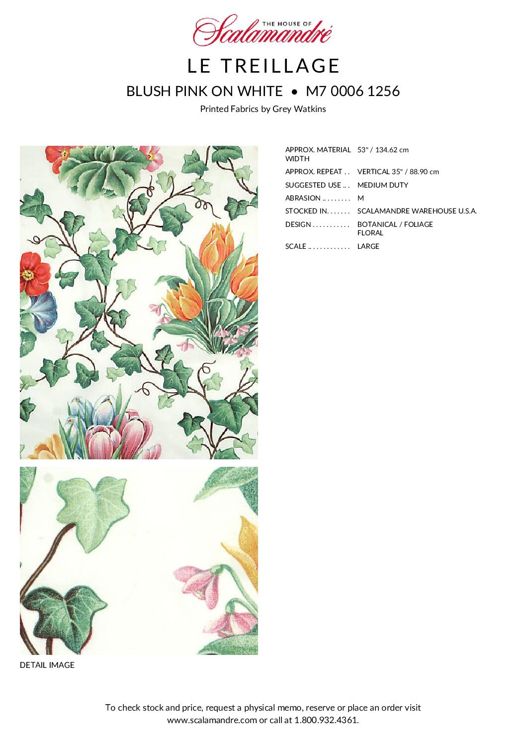 M7_00061256 Scalamandre  Le Treillage Blush Pink on White Spring Garden Tulip Rose Crocus Boston Ivy MSRP USD 204/y