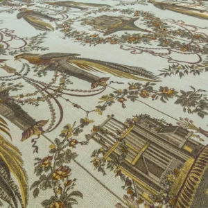 P1140046 By VR Scalamandre Jute Fabric Brown Gold Historical Birds of Paradise Floral Block Print by Hand MSRP USD 300+/y