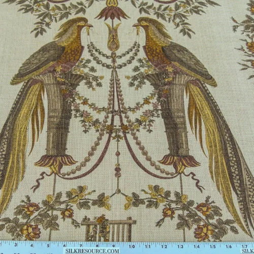 P1140049 By VR Scalamandre Jute Fabric Brown Gold Historical Birds of Paradise Floral Block Print by Hand MSRP USD 300+/y