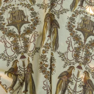 P1140052 By VR Scalamandre Jute Fabric Brown Gold Historical Birds of Paradise Floral Block Print by Hand MSRP USD 300+/y