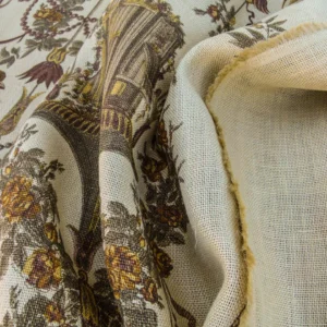 P1140054 By VR Scalamandre Jute Fabric Brown Gold Historical Birds of Paradise Floral Block Print by Hand MSRP USD 300+/y