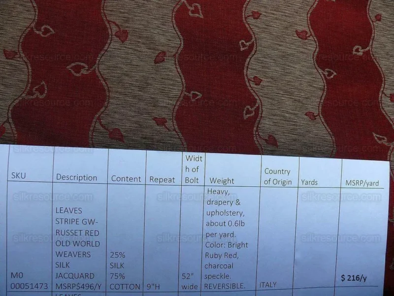 products-P1600785 (1) Old World Weavers Silk Leaves Stripe Russet Red Foliage Lampas MSRP USD216/y