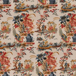 8012136_195 Brunschwig & Fils Le Lac in Red Blue Print Linen Sea Birds MSRP USD796/y