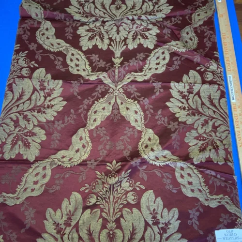 IMG_2139 40 Berkbox72 27"w x 37"L Scalamandre Old World Weavers Square Silk  Claudina Cherry Deep Red Gold Renaissance Damask Reversible Italy MSRP USD 320/Y