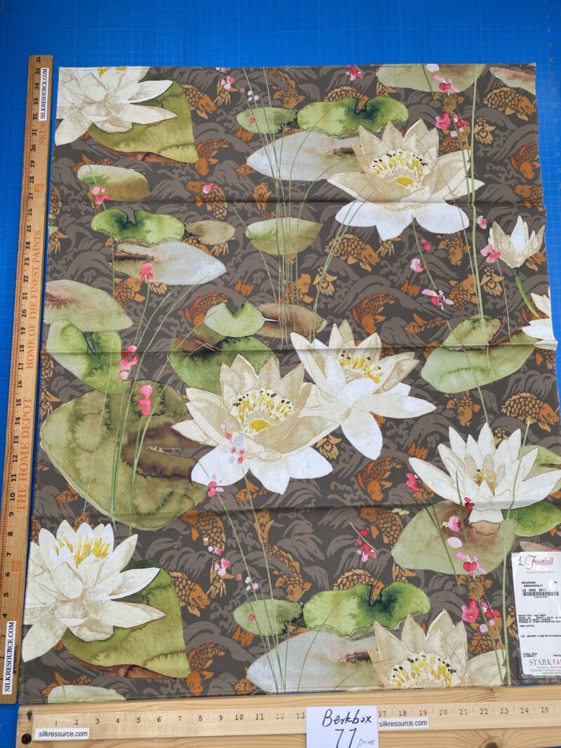 IMG_3305 14 Berkbox77 Square Printed Fabrics by  Nenuphar Brown/Multi Lotus Pond Koi Fish Cotton 1yd x 26" MSRP USD196/y
