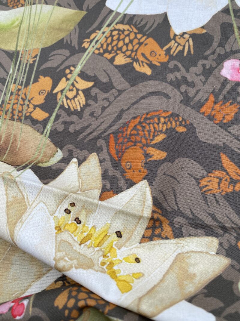 IMG_3307 14 Berkbox77 Square Printed Fabrics by  Nenuphar Brown/Multi Lotus Pond Koi Fish Cotton 1yd x 26" MSRP USD196/y